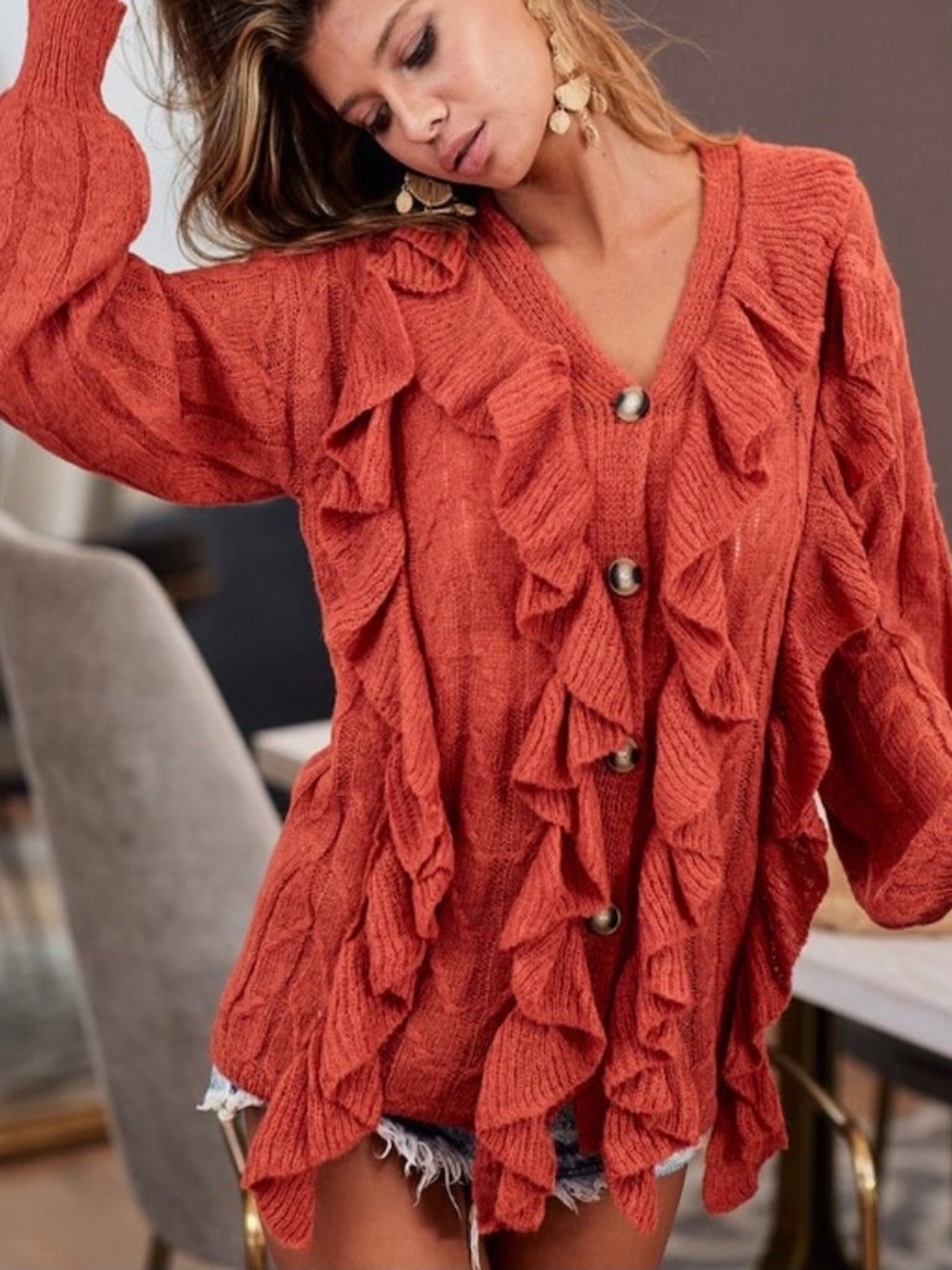 BiBi Ruffled V-Neck Cardigan in Caramel